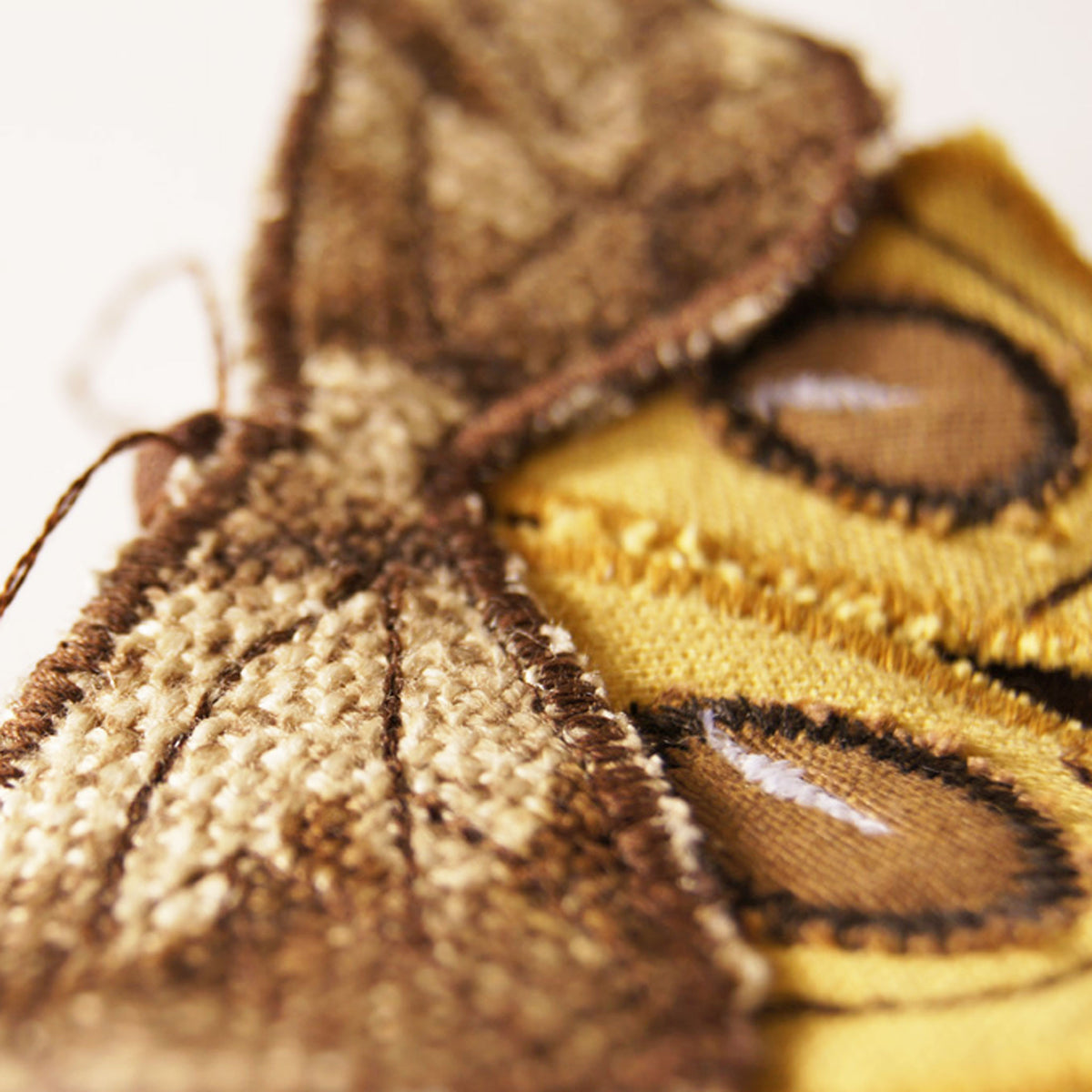 Fiber Art  Eyespot Moth brooch yellow and brown