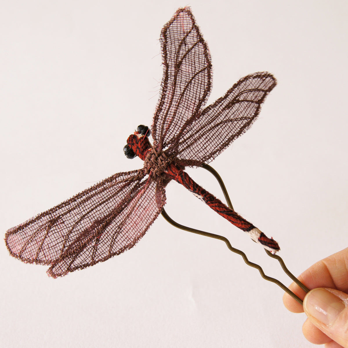 Fiber Art Dragonfly brooch or hair fork blue silk