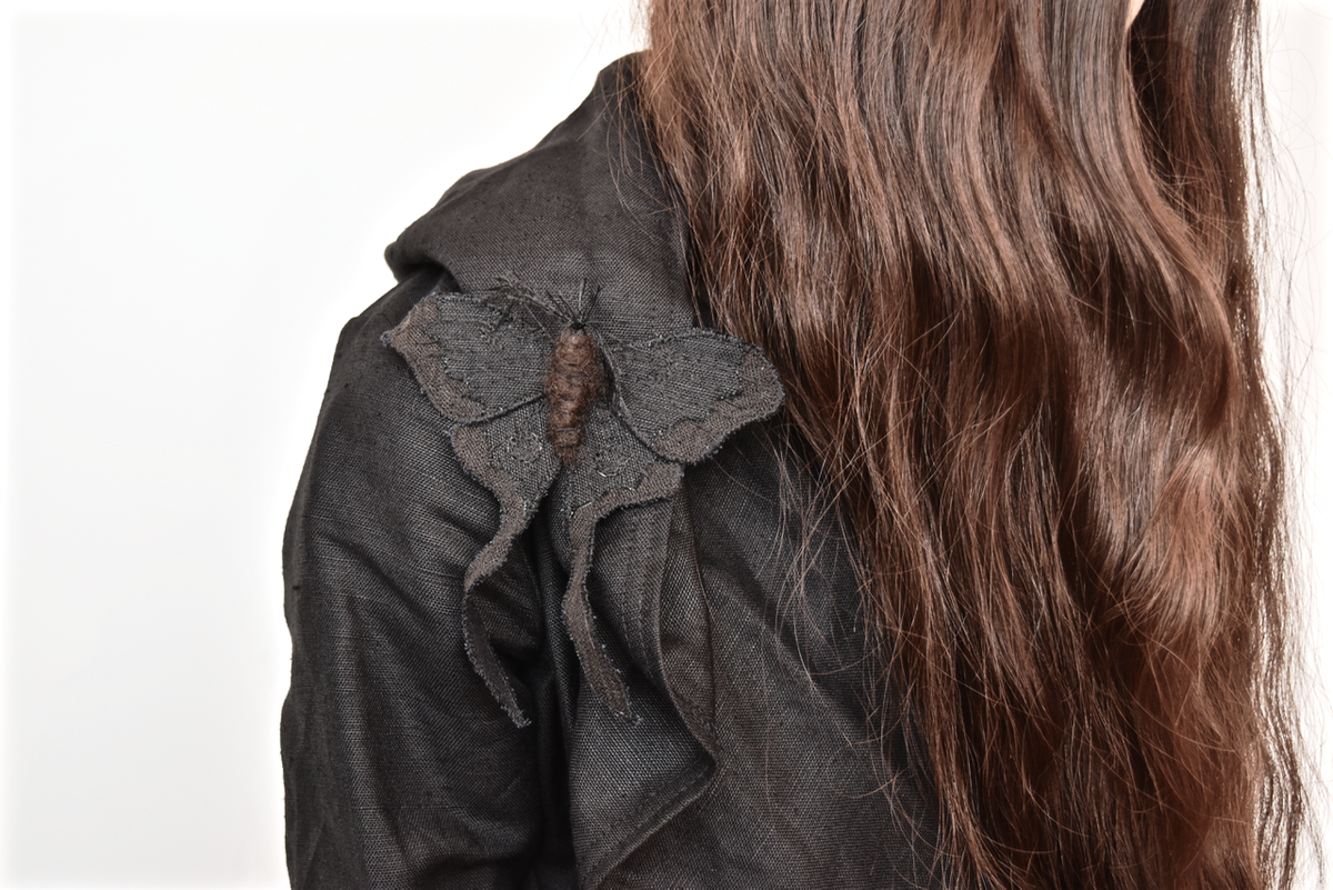 Black Luna Moth Fiber Art Brooch Collaboration with Nuit Clothing Atelier