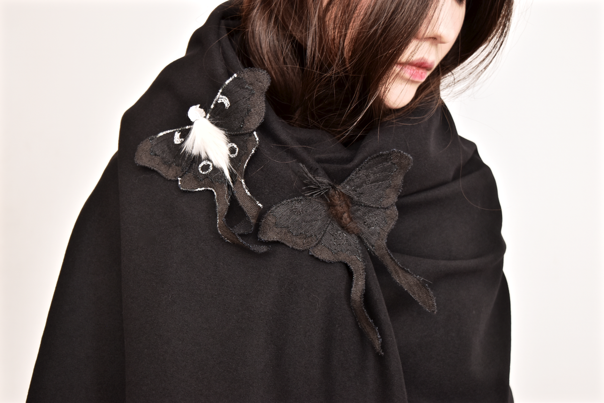 Black &amp; White Luna Moth Fiber Art Brooch Collaboration with Nuit Clothing Atelier