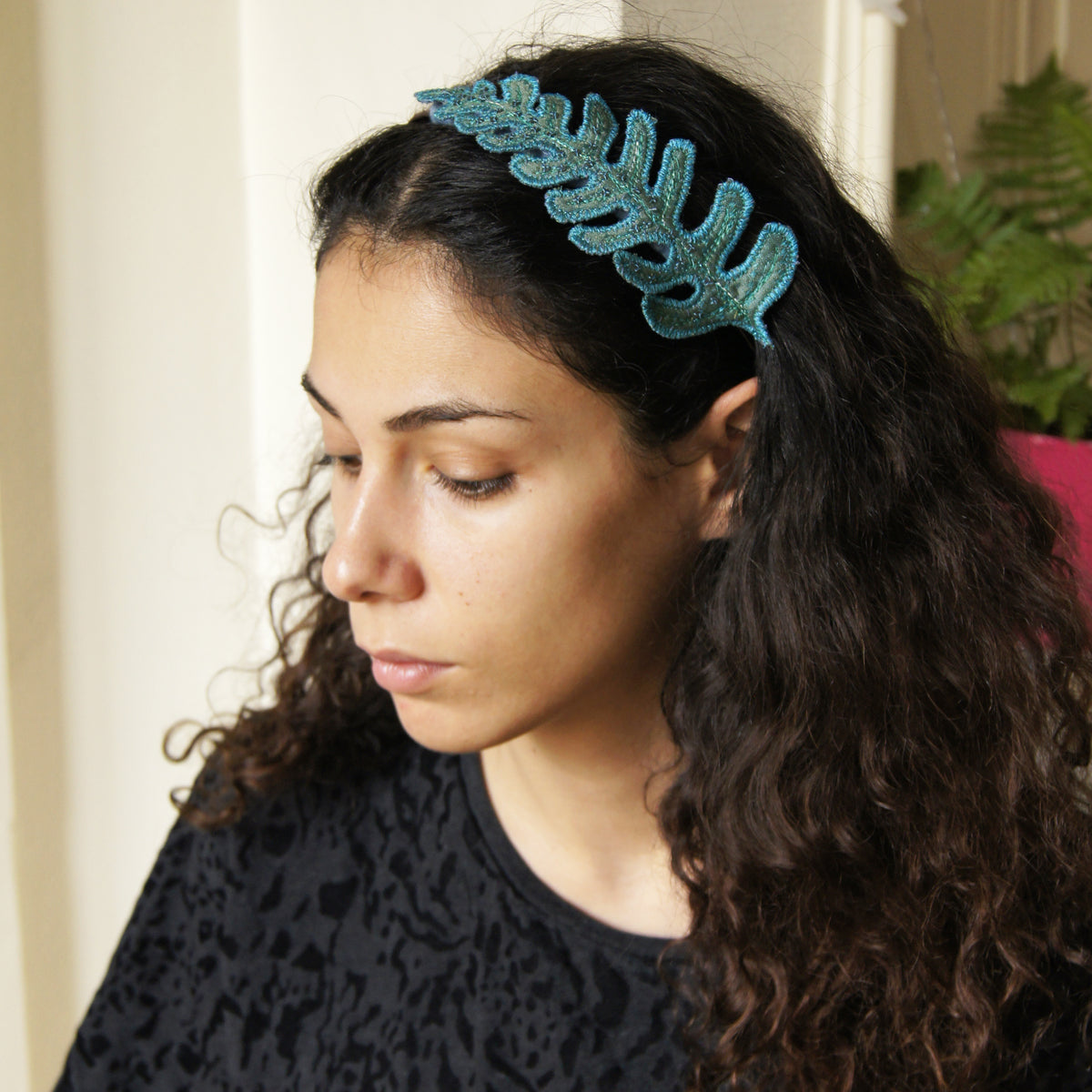 Teal Blue Fern Leaf Fascinator, Headband