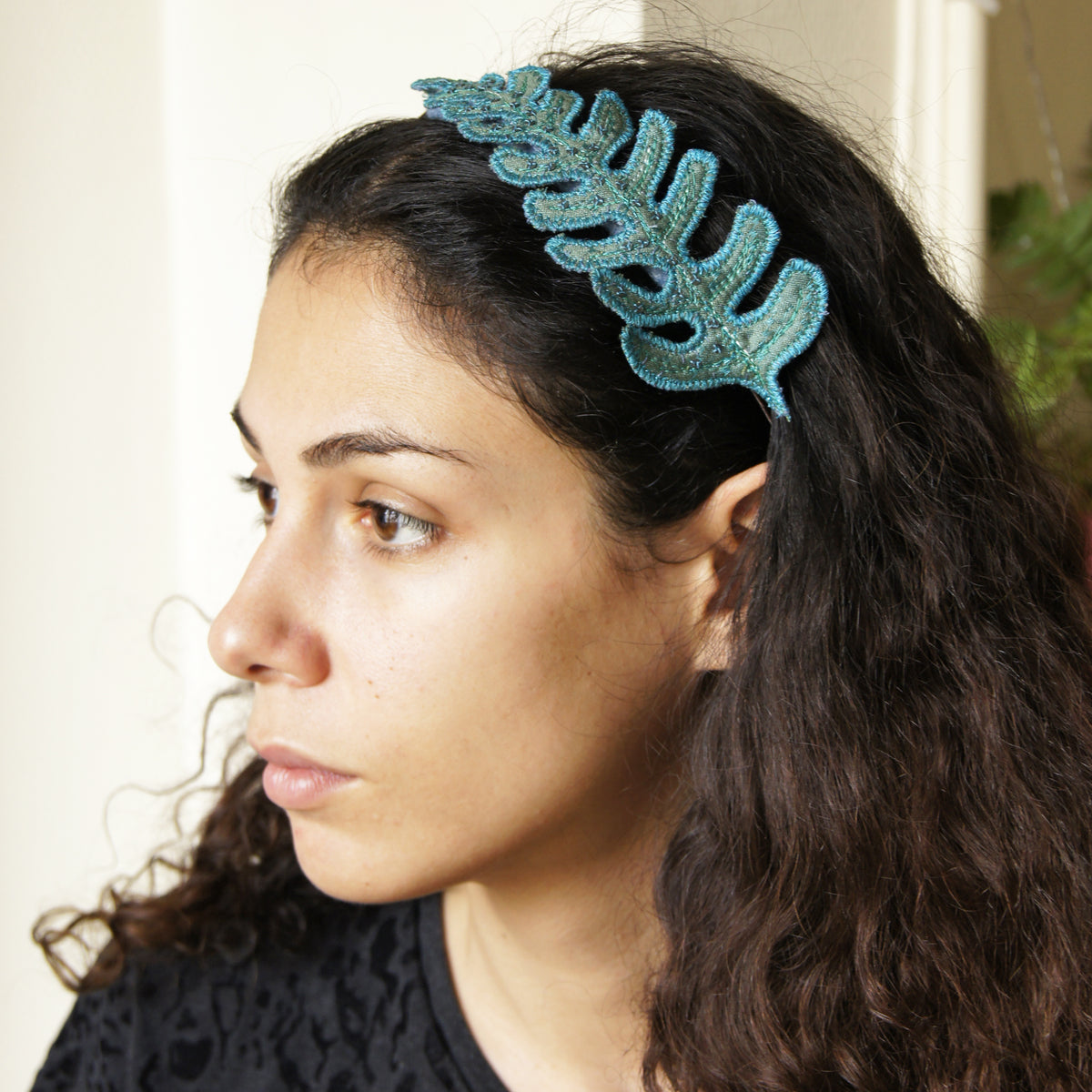 Teal Blue Fern Leaf Fascinator, Headband