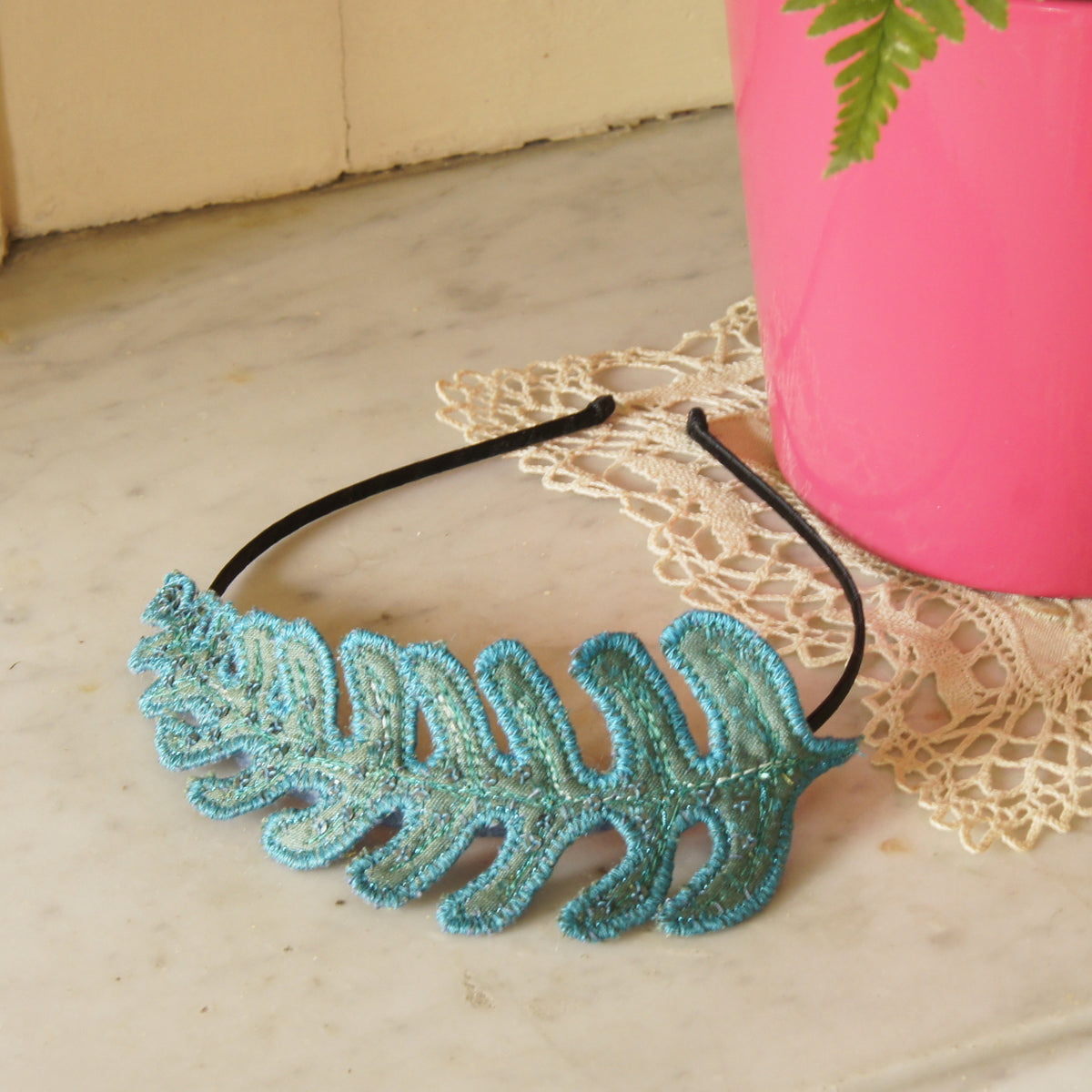 Teal Blue Fern Leaf Fascinator, Headband