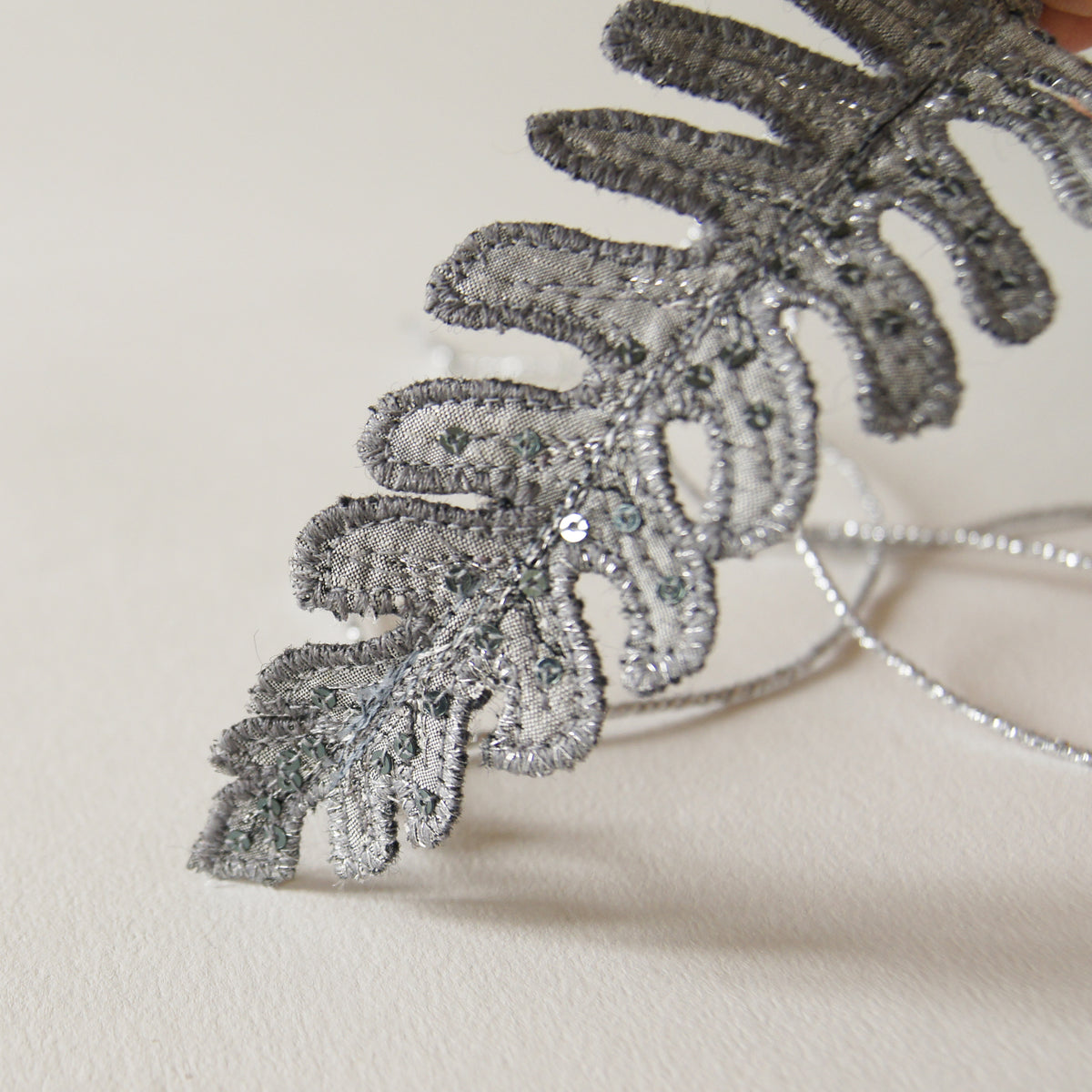 Silver Silk Fern Bun Wrap, Botanical Hair Accessory