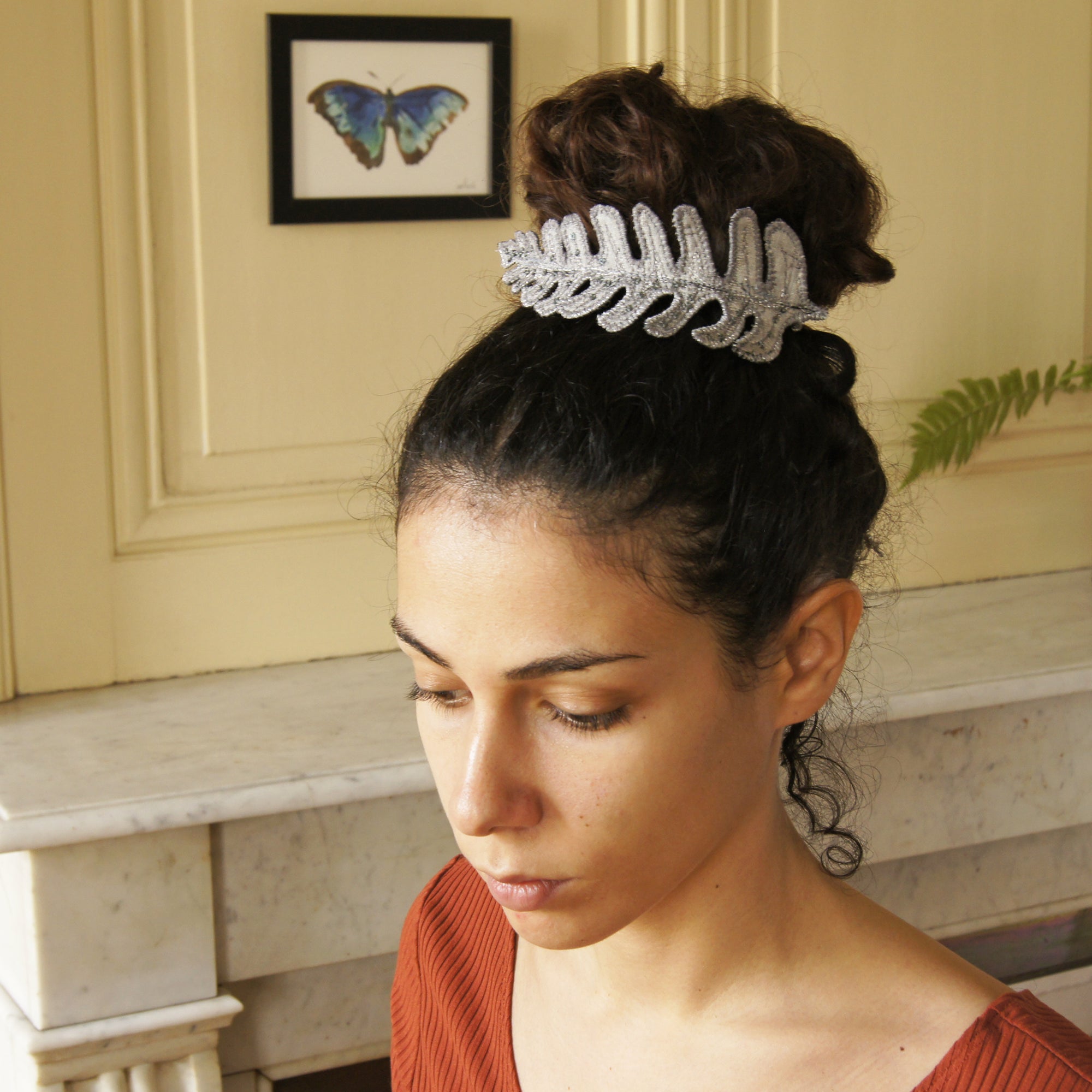 Silver Silk Fern Bun Wrap, Botanical Hair Accessory