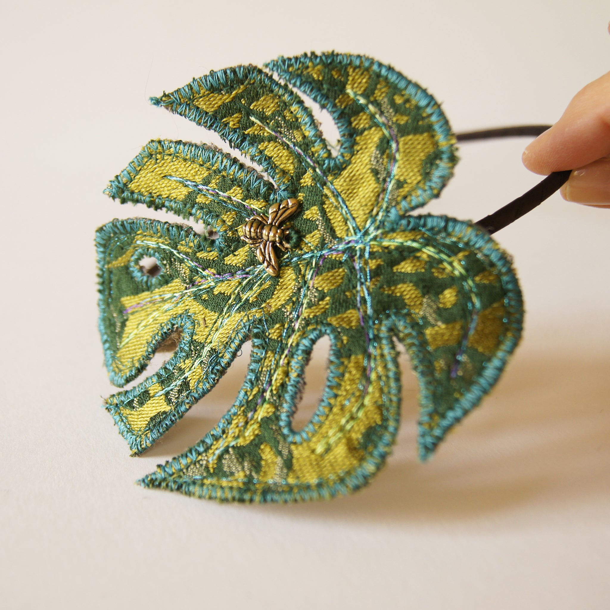 philodendron embroidery Textile Philodendron Leaf Headband Green Fiber Art Hair Accessory