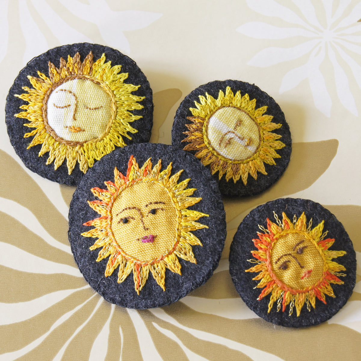 Hand Embroidered Textile Sun Brooch Celestial Jewelry