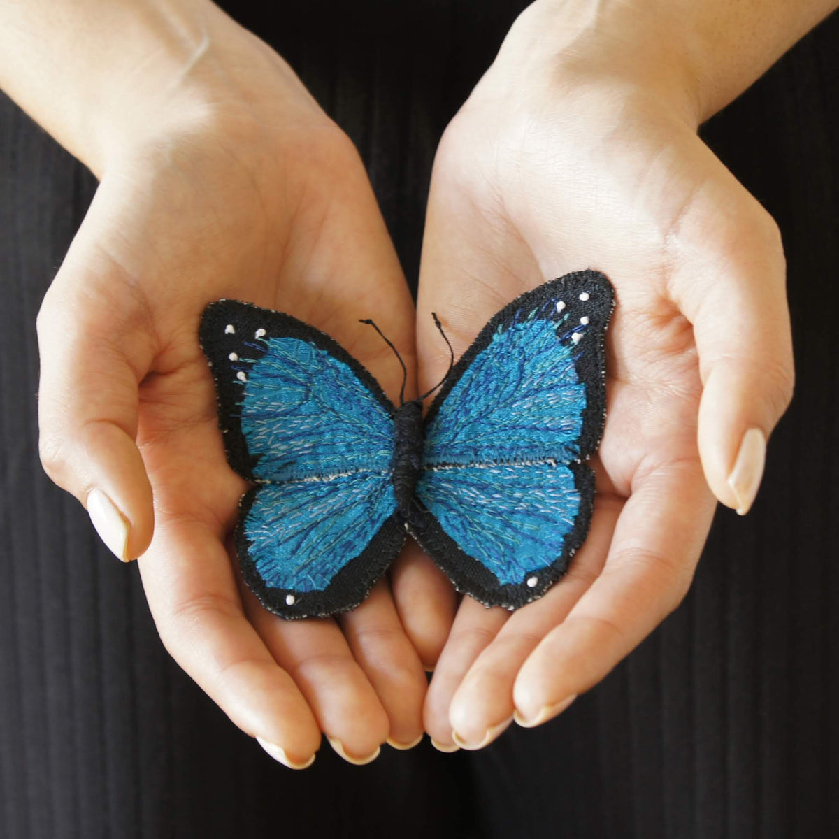 Menelaus blue morpho fiber art brooch