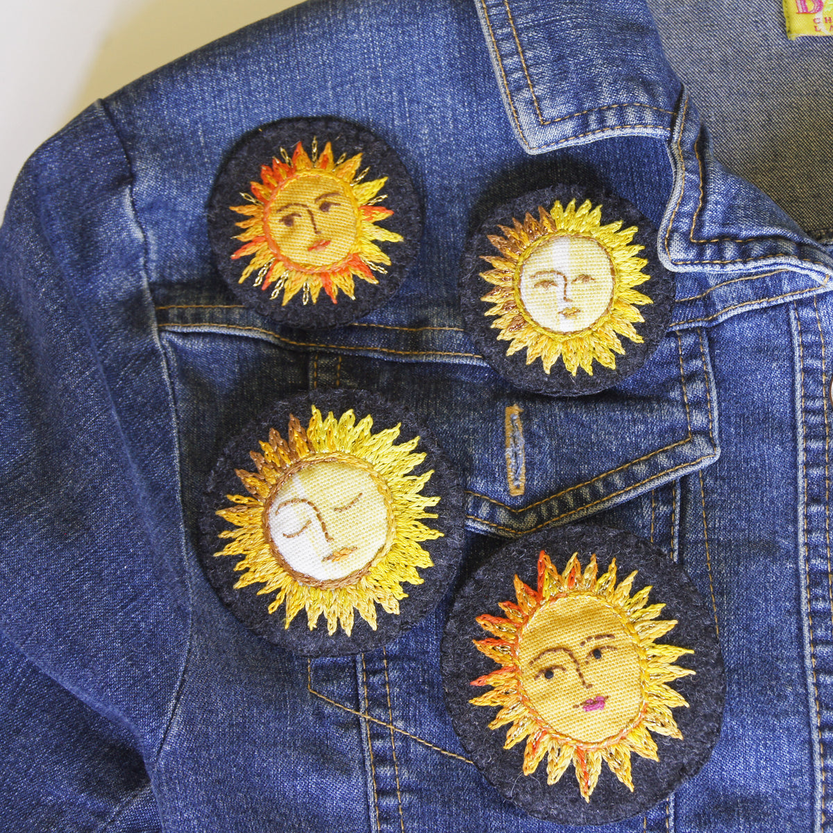Large Textile Hand Embroidered Sun Brooch Pin Celestial Jewelry