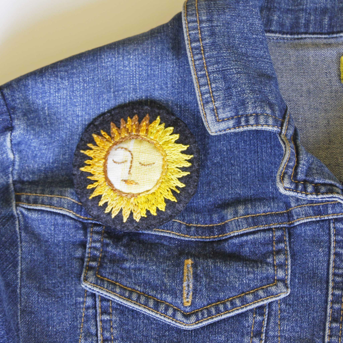 Large Yellow Copper Textile Sun Brooch Hand Embroidered Celestial