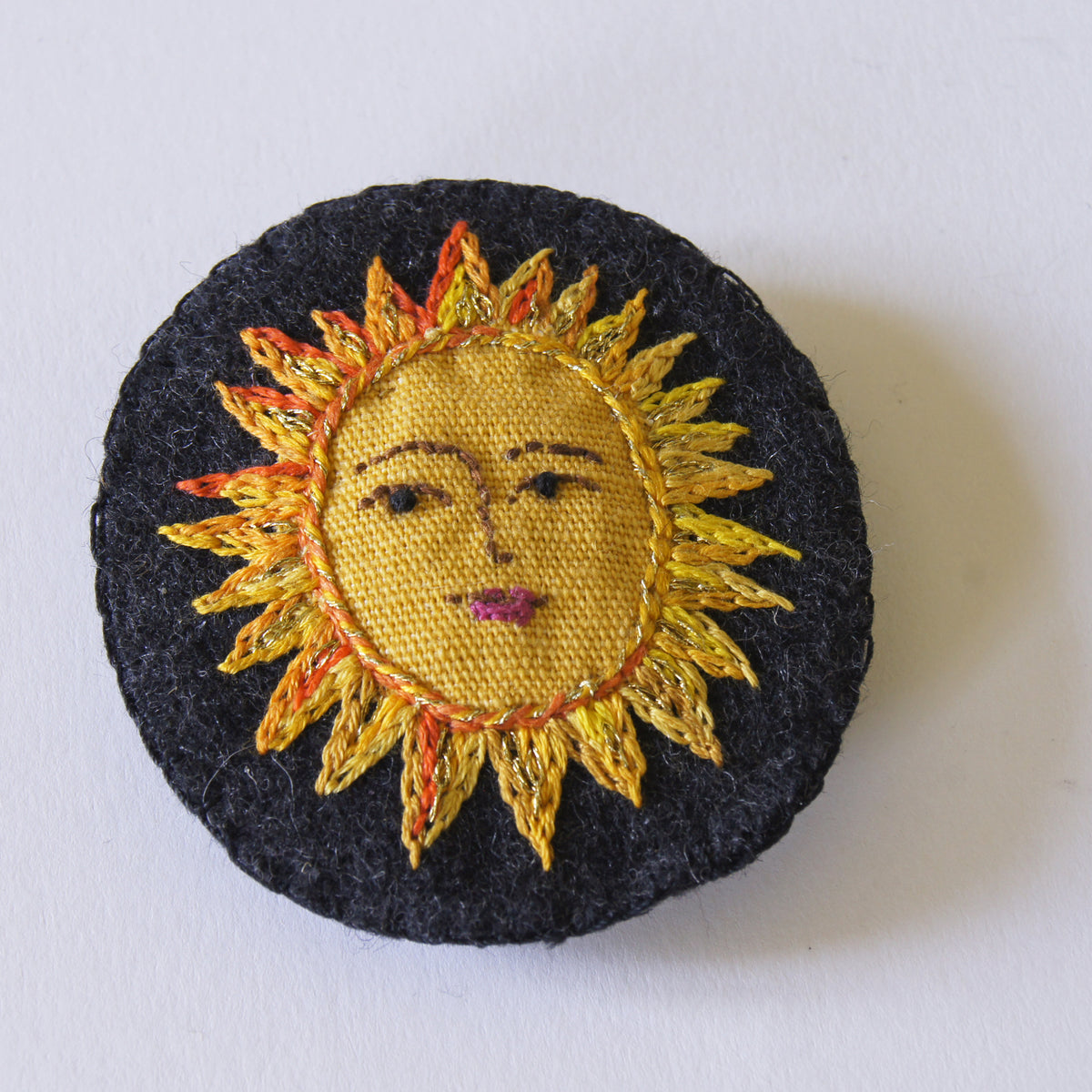 Large Textile Hand Embroidered Sun Brooch Pin Celestial Jewelry