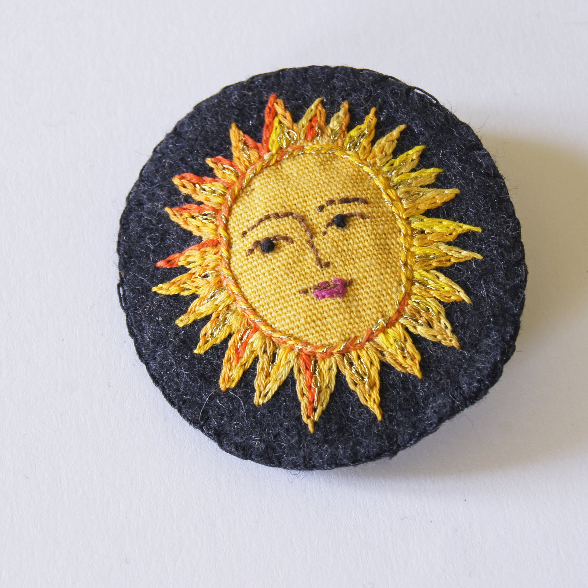 Large Textile Hand Embroidered Sun Brooch Pin Celestial Jewelry