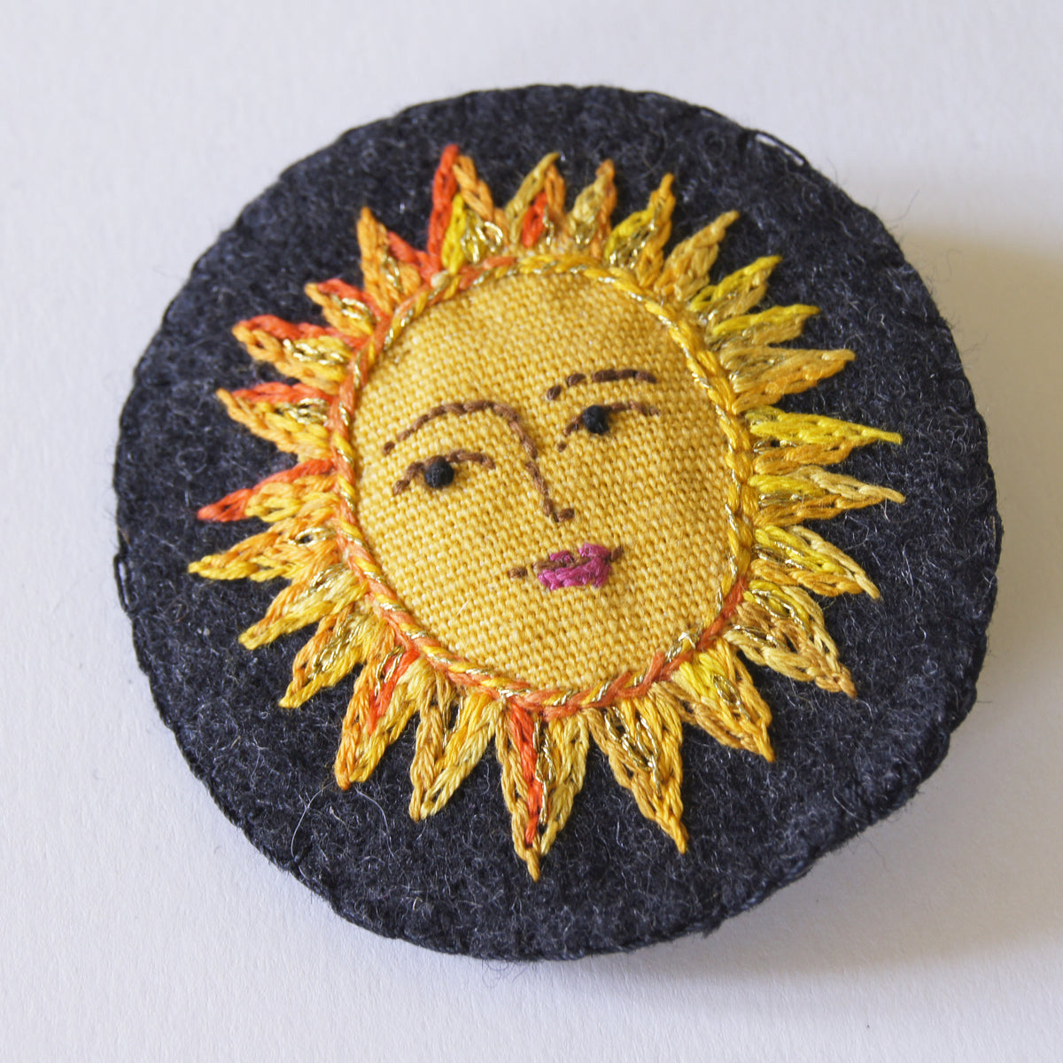 Large Textile Hand Embroidered Sun Brooch Pin Celestial Jewelry