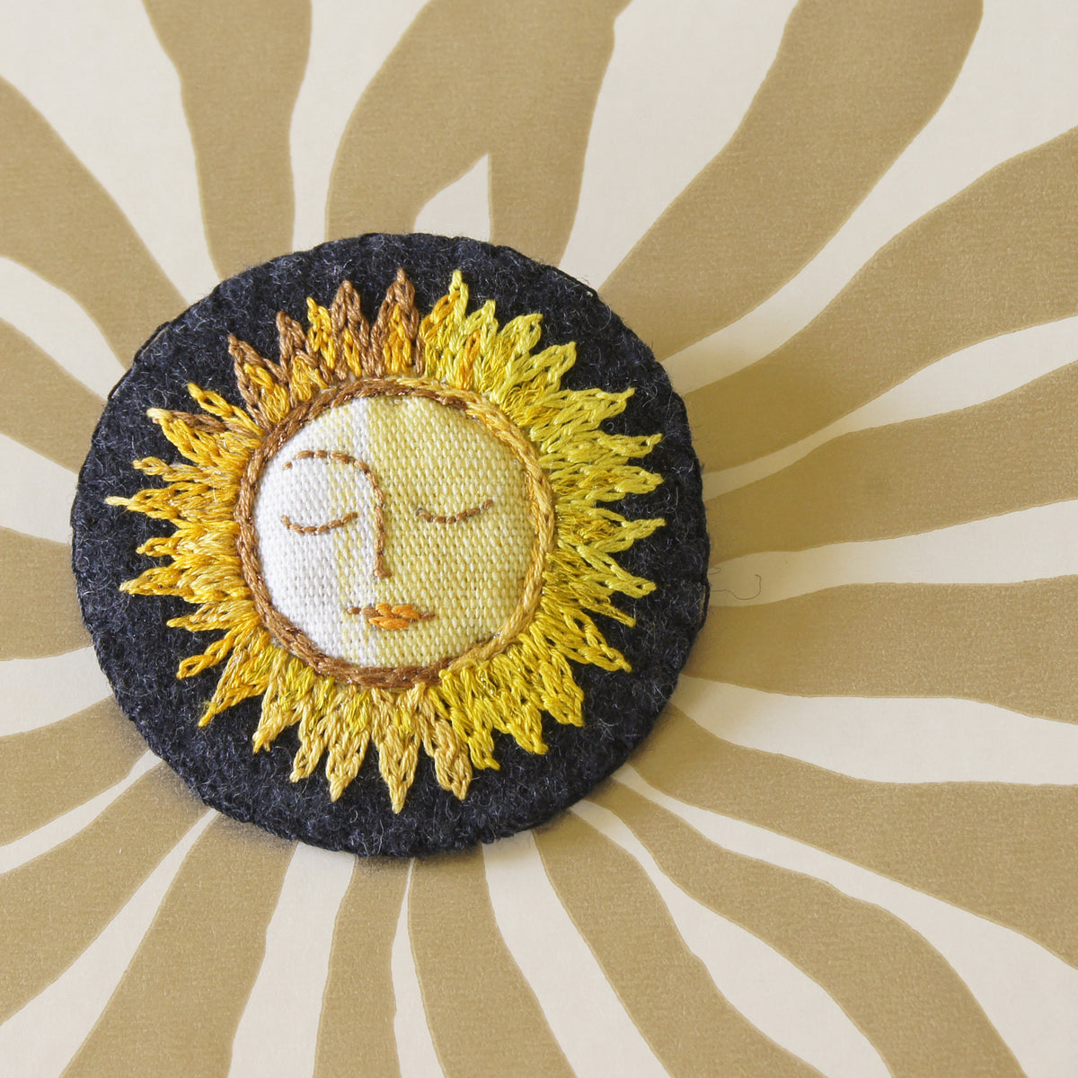 Large Yellow Copper Textile Sun Brooch Hand Embroidered Celestial