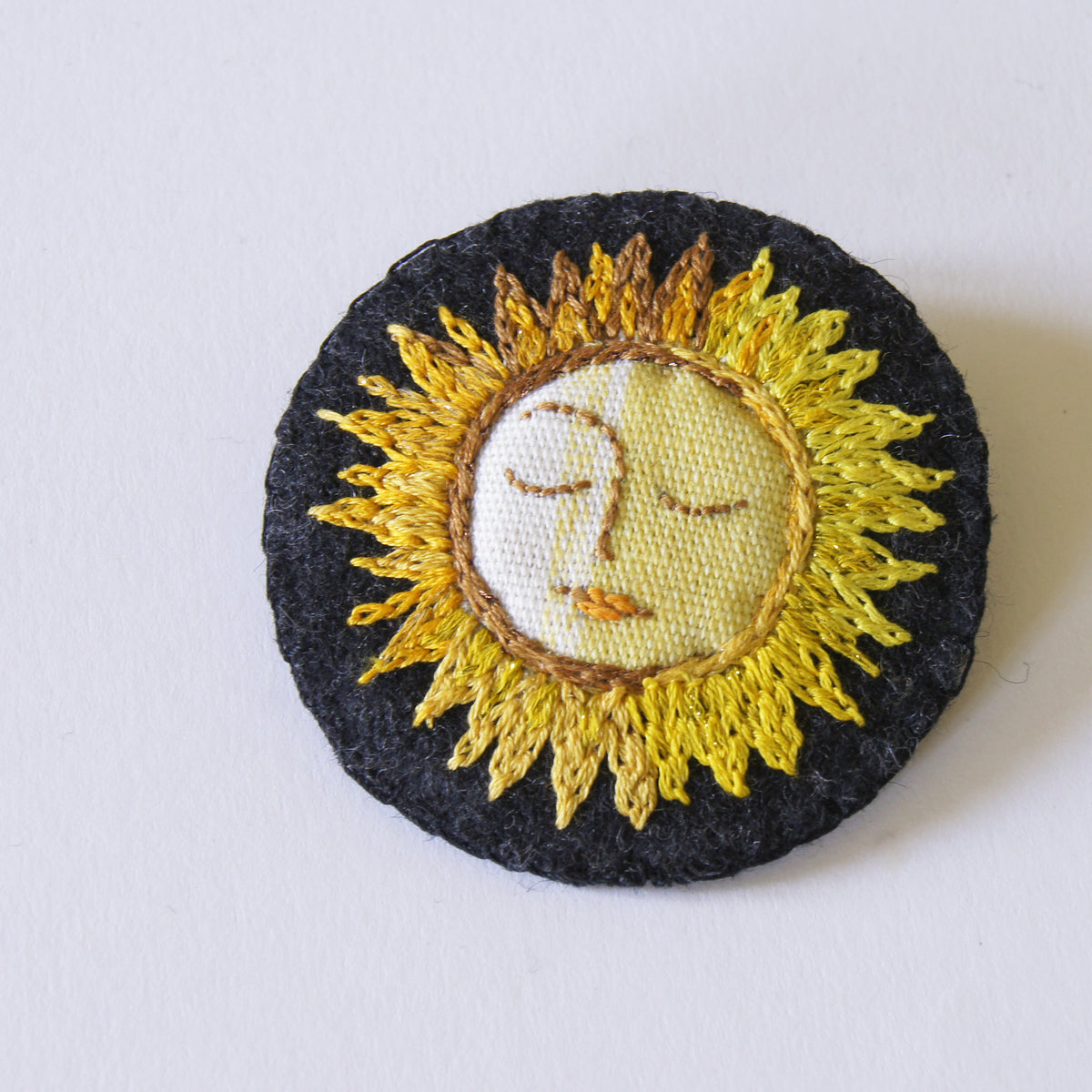 Large Yellow Copper Textile Sun Brooch Hand Embroidered Celestial