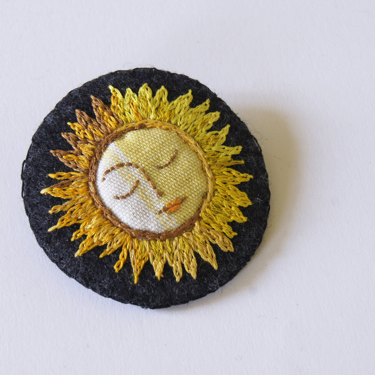 Large Yellow Copper Textile Sun Brooch Hand Embroidered Celestial