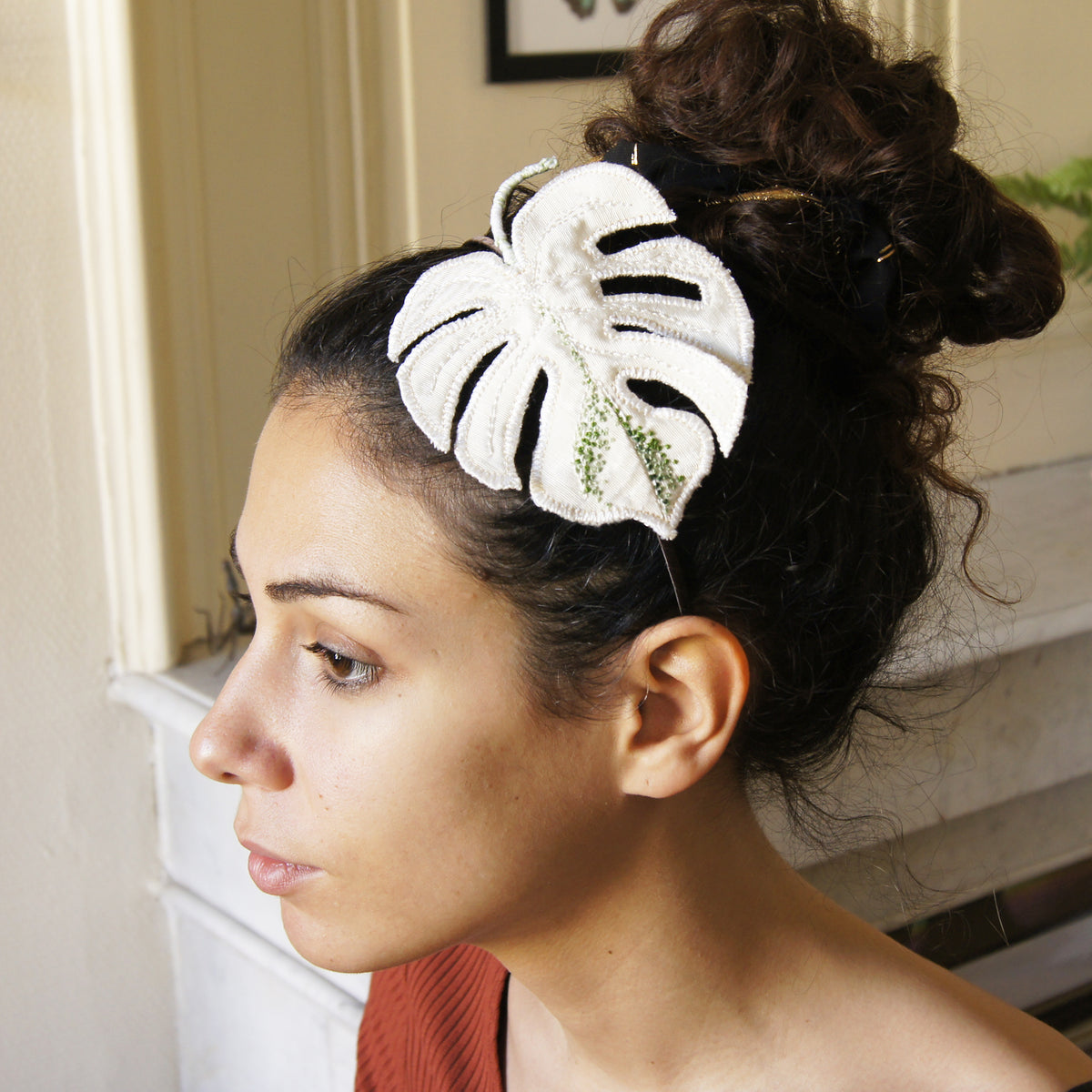 Monstera Deliciosa Albo Headband, Embroidered Tropical Leaf