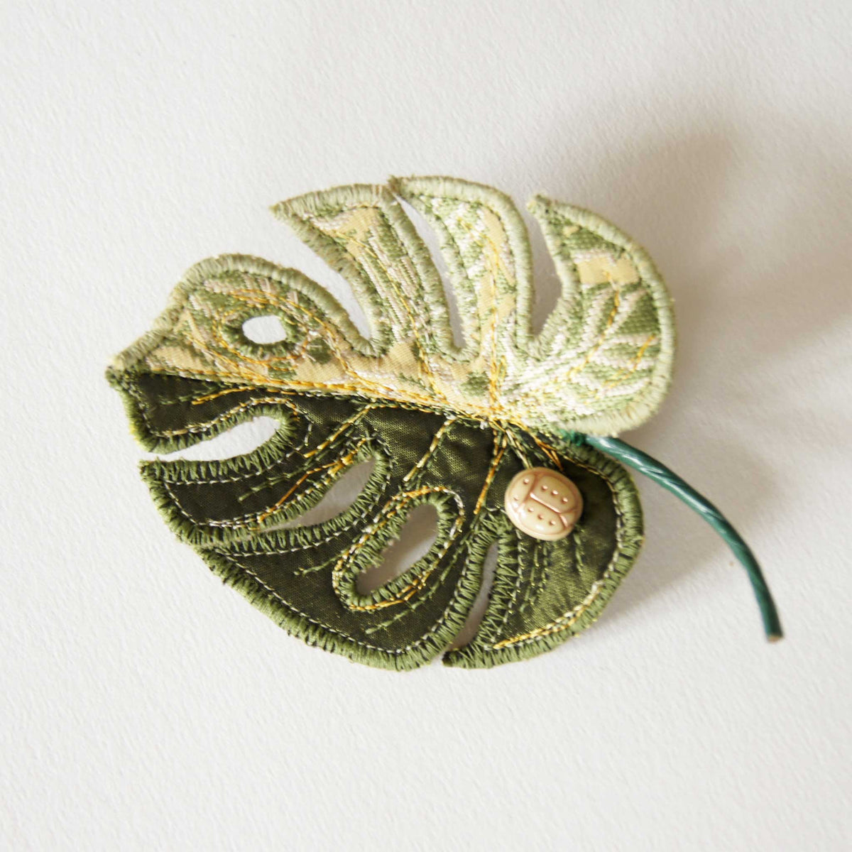 Monstera deliciosa brooch, Textile Jewelry
