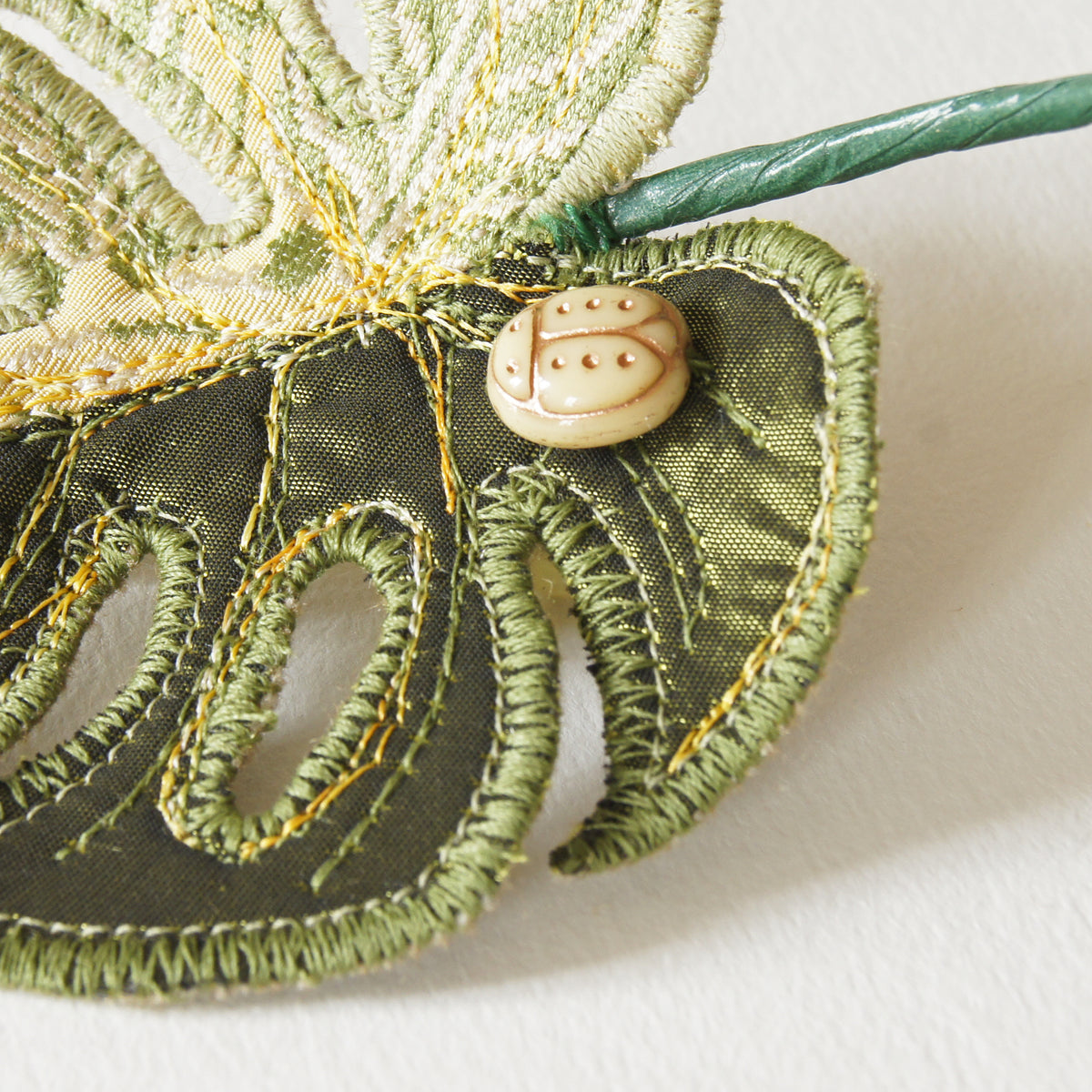 Monstera deliciosa brooch, Textile Jewelry