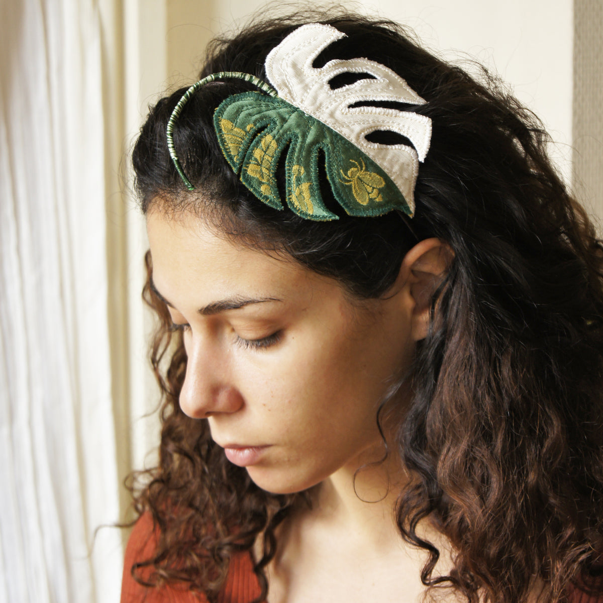 White variegated Monstera deliciosa, Textile Tropical Leaf Headband