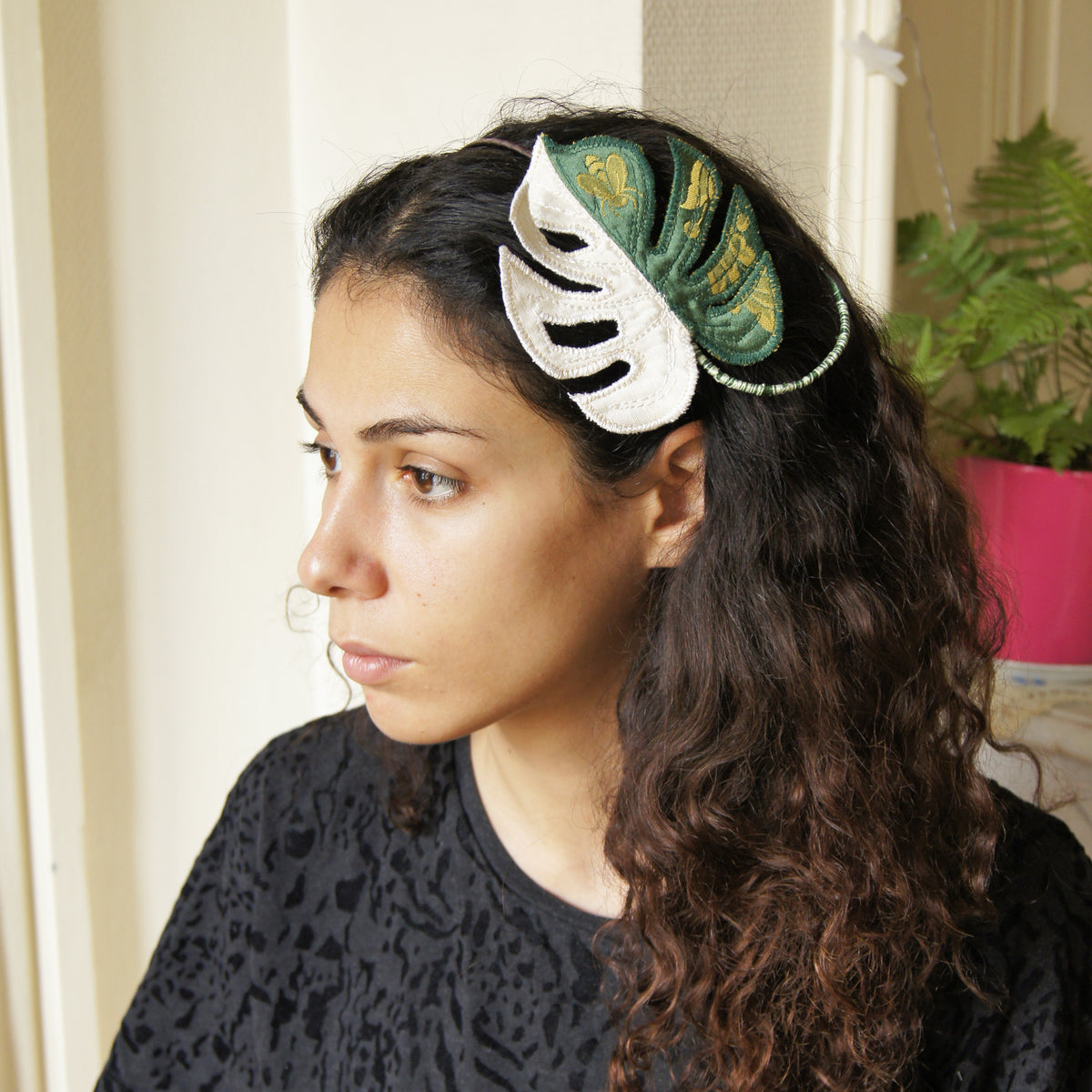 White variegated Monstera deliciosa, Textile Tropical Leaf Headband