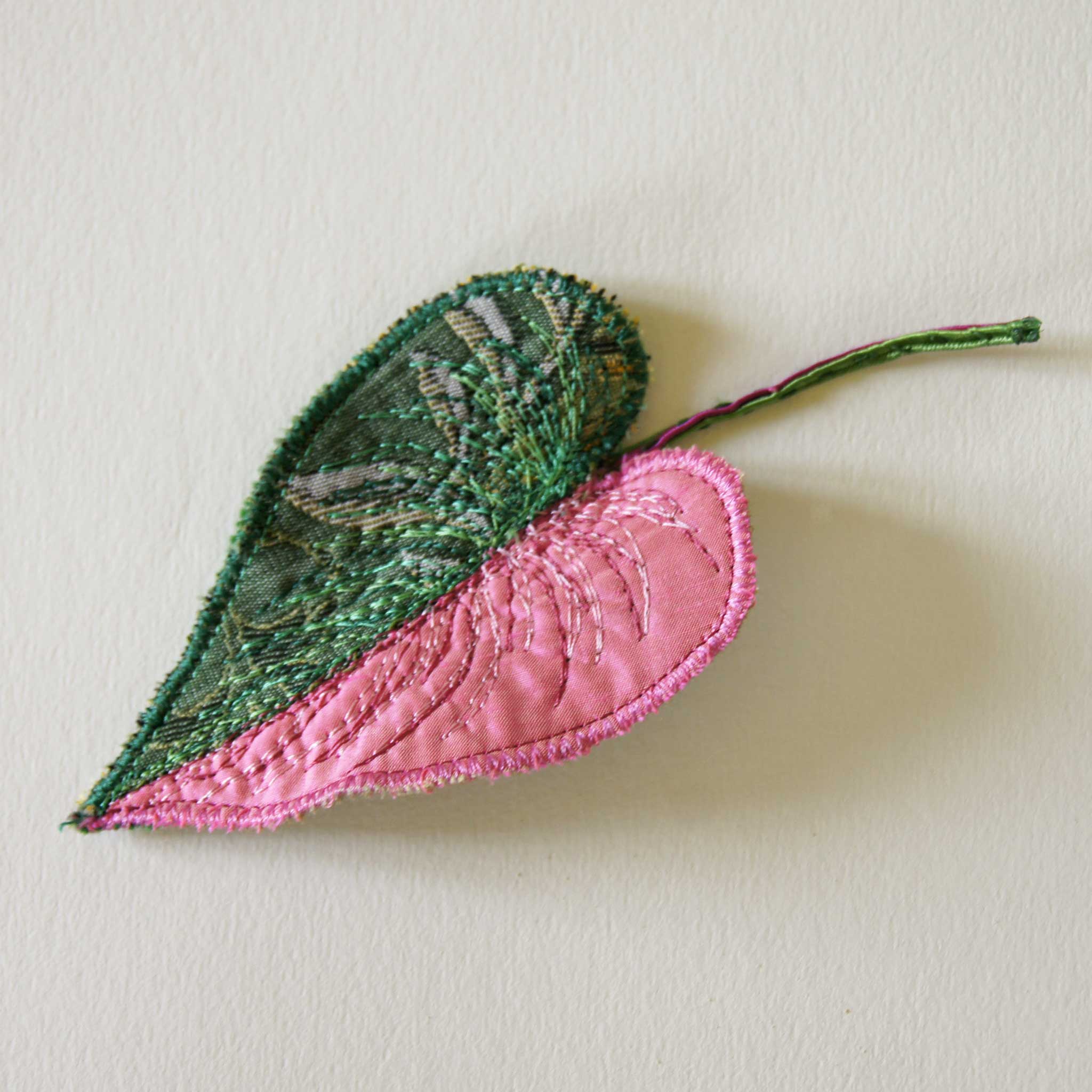 philodendron embroidery Pink Princess Philodendron Leaf Brooch, Handmade Textile Jewelry