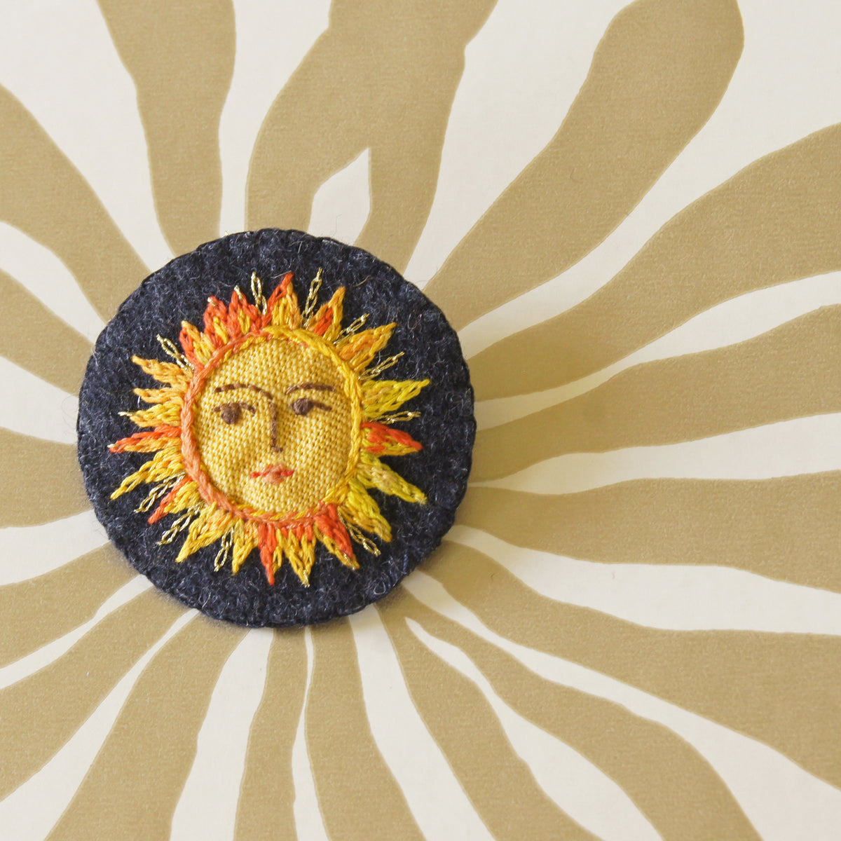 Hand Embroidered Textile Sun Brooch Celestial Jewelry