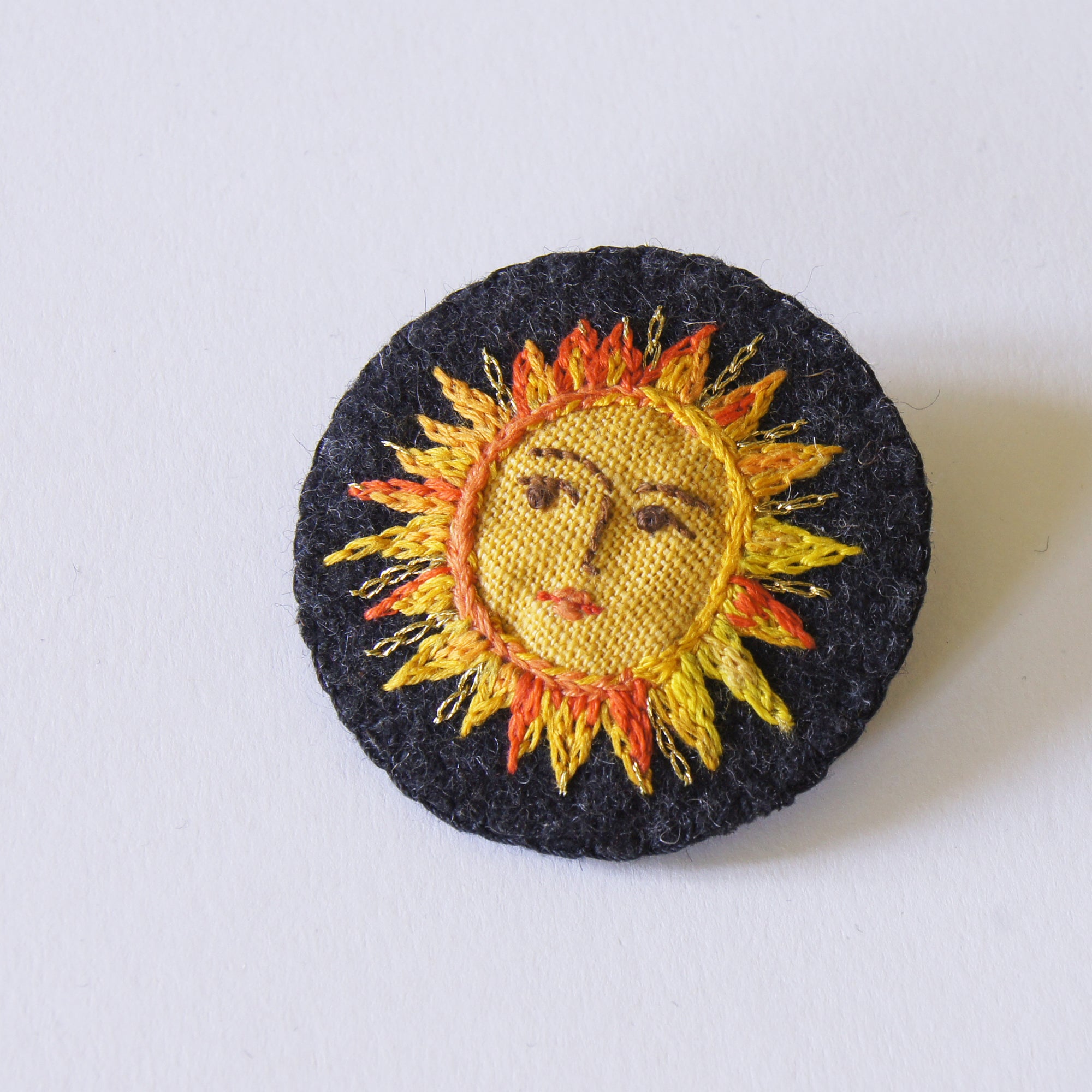 Hand Embroidered Textile Sun Brooch Celestial Jewelry