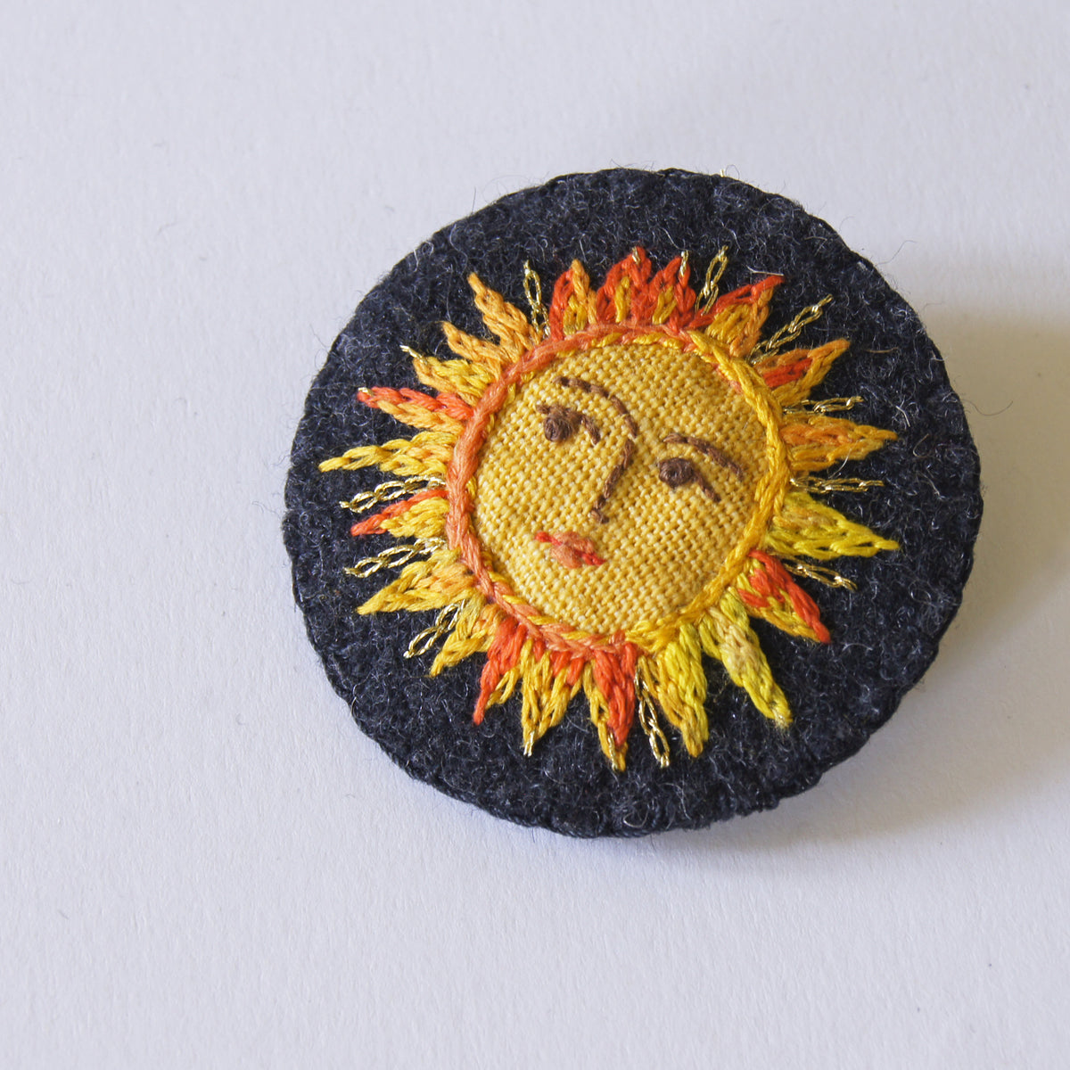 Hand Embroidered Textile Sun Brooch Celestial Jewelry