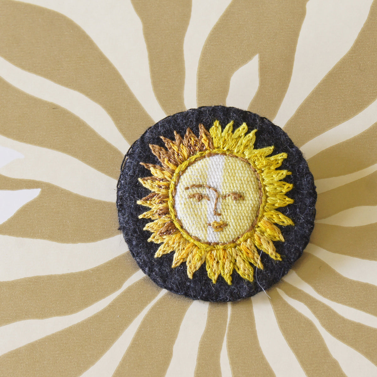 Textile Sun Brooch Pin Hand Embroidered Celestial Jewelry