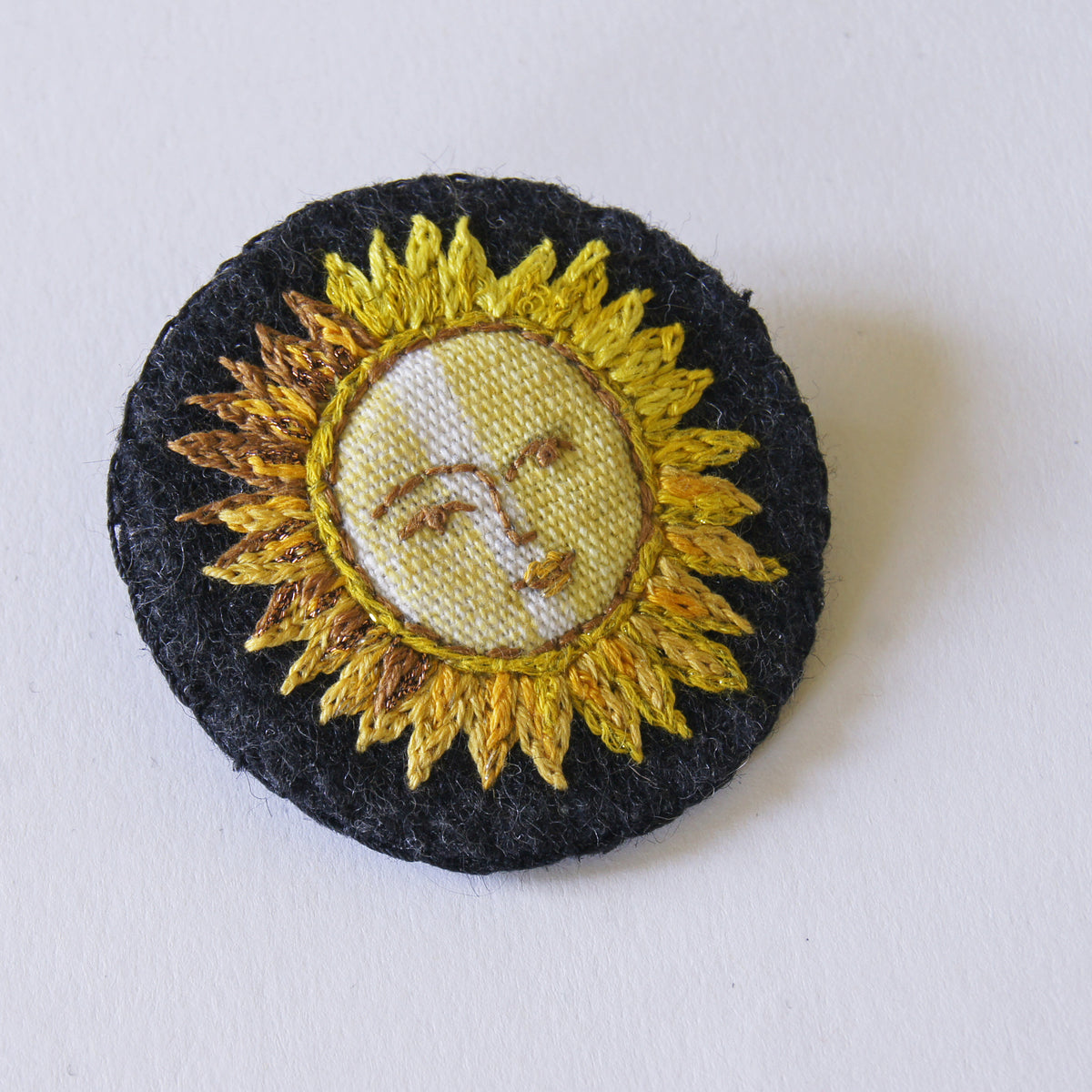 Textile Sun Brooch Pin Hand Embroidered Celestial Jewelry