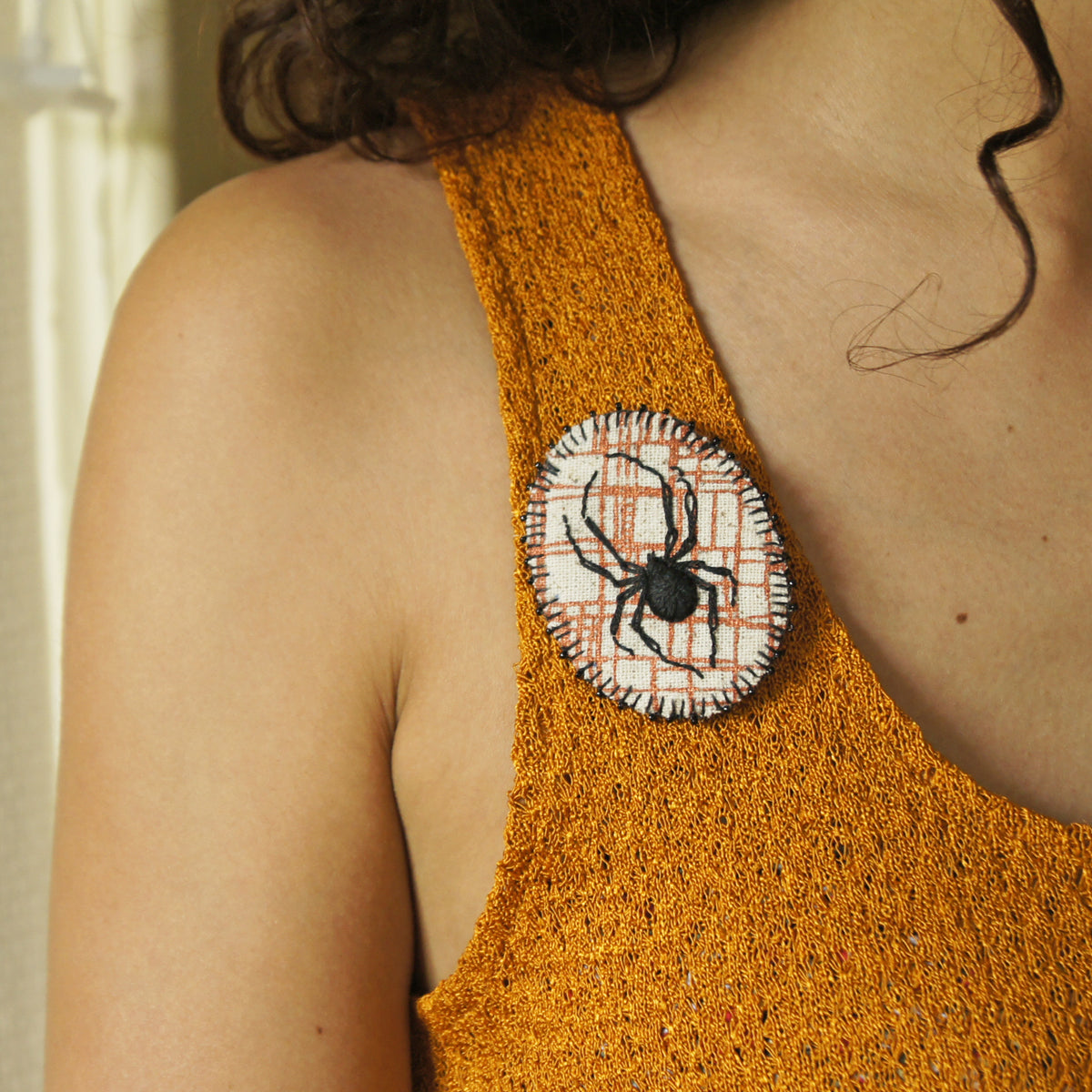 Hand Embroidered Black Widow Spider Brooch Arachnida Jewelry