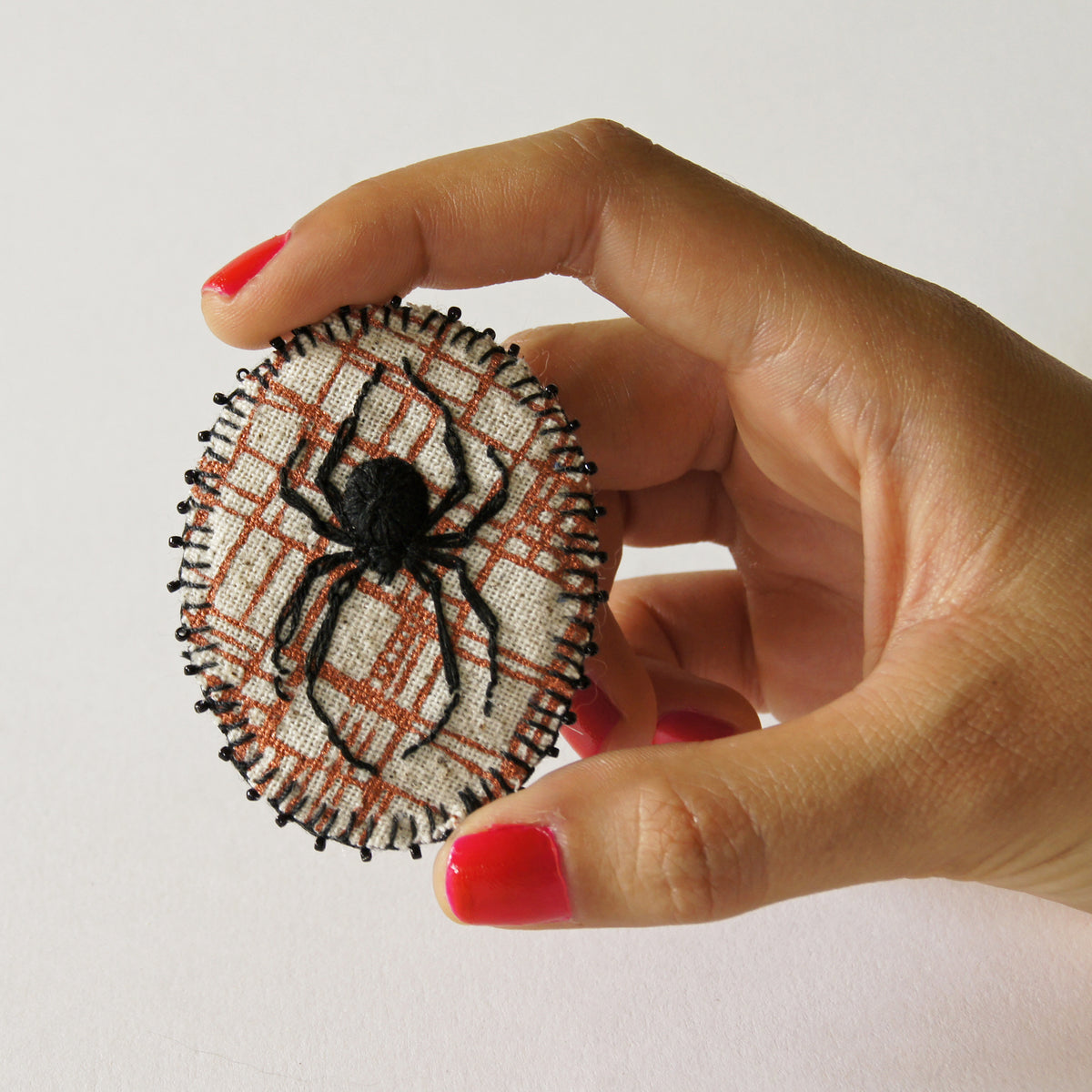Hand Embroidered Black Widow Spider Brooch Arachnida Jewelry