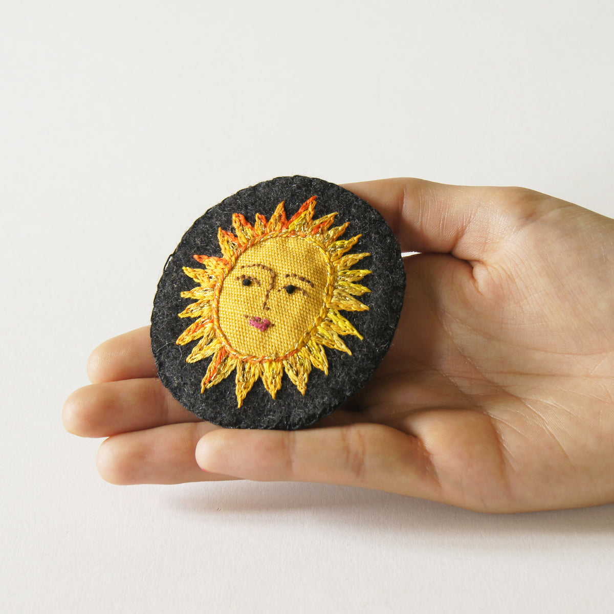 Large Textile Hand Embroidered Sun Brooch Pin Celestial Jewelry