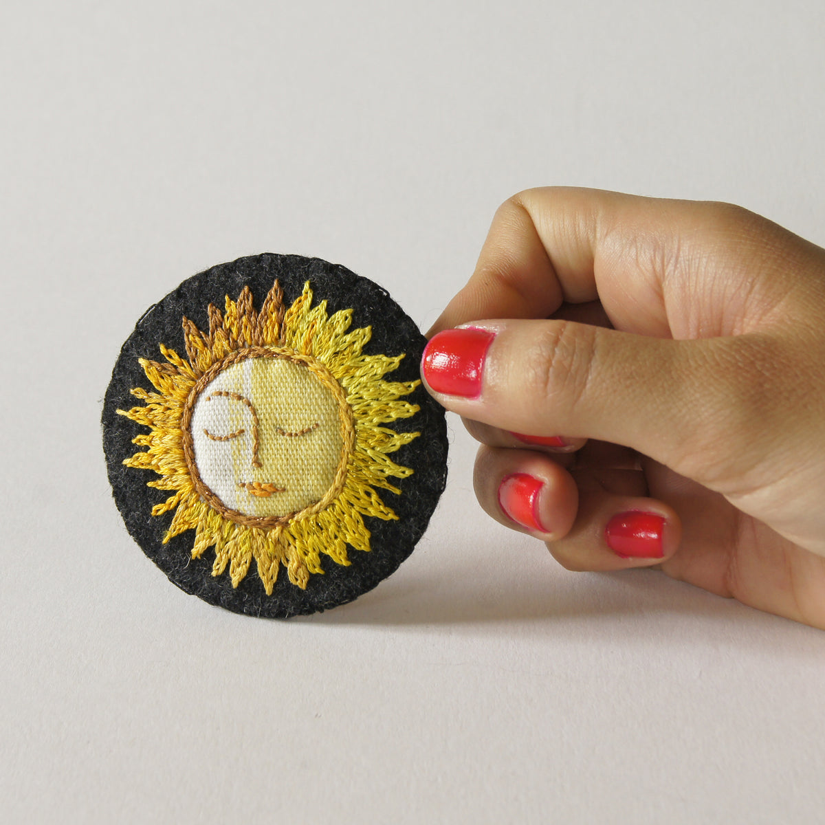 Large Yellow Copper Textile Sun Brooch Hand Embroidered Celestial