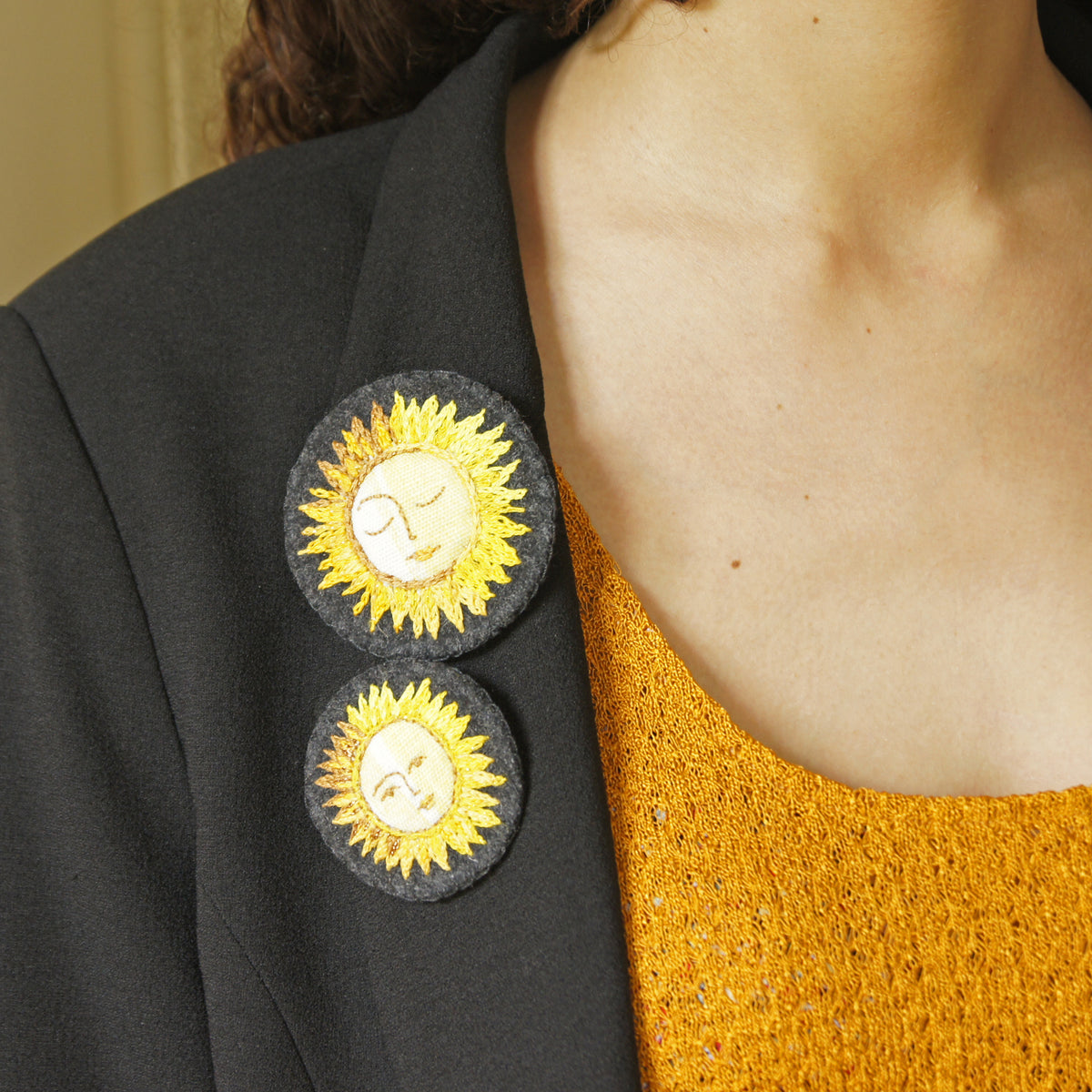 Large Yellow Copper Textile Sun Brooch Hand Embroidered Celestial