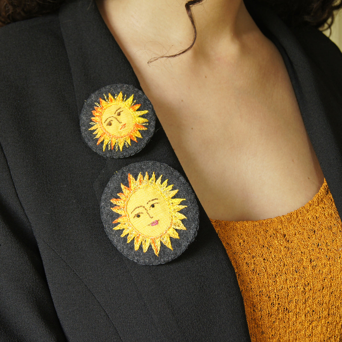 Large Textile Hand Embroidered Sun Brooch Pin Celestial Jewelry