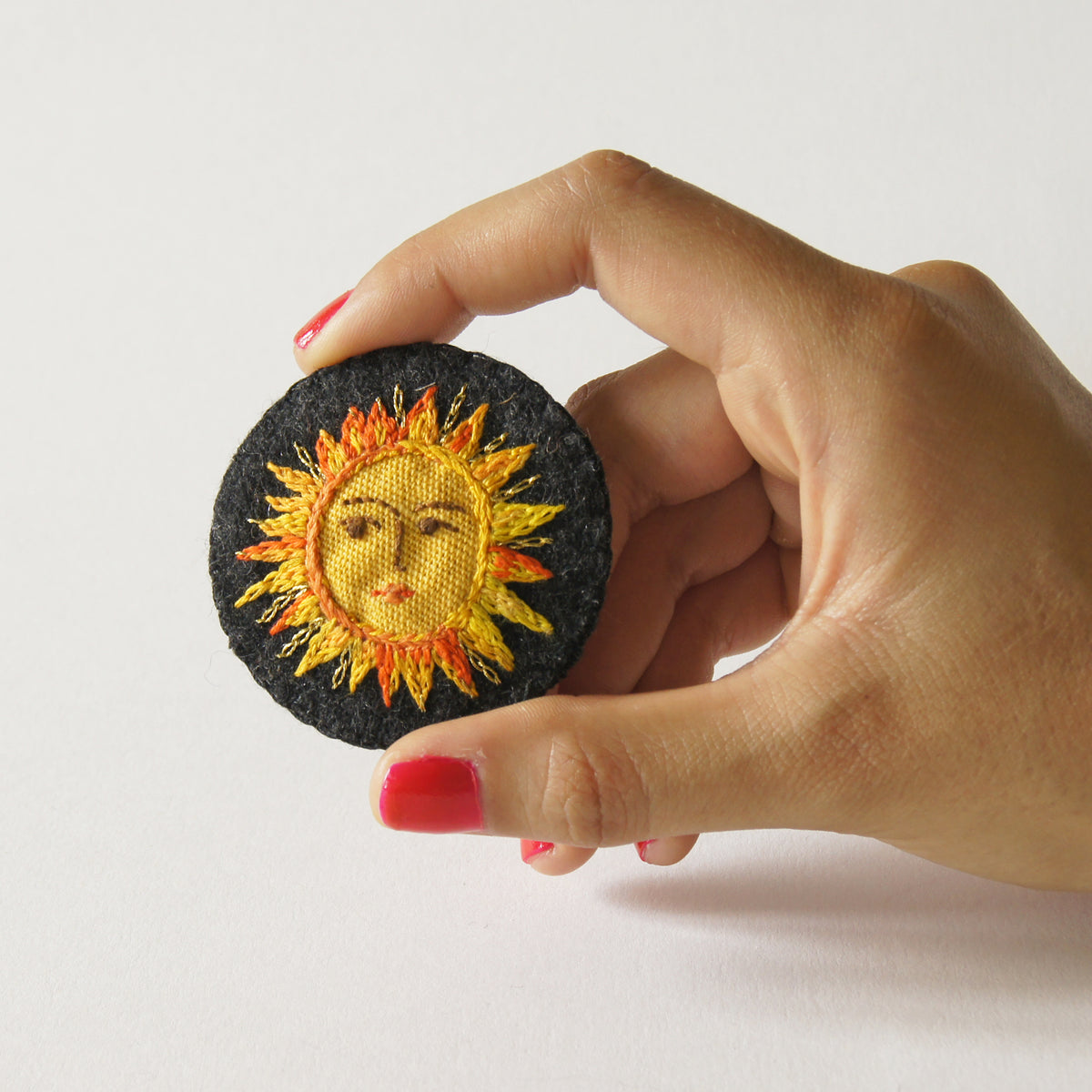 Hand Embroidered Textile Sun Brooch Celestial Jewelry