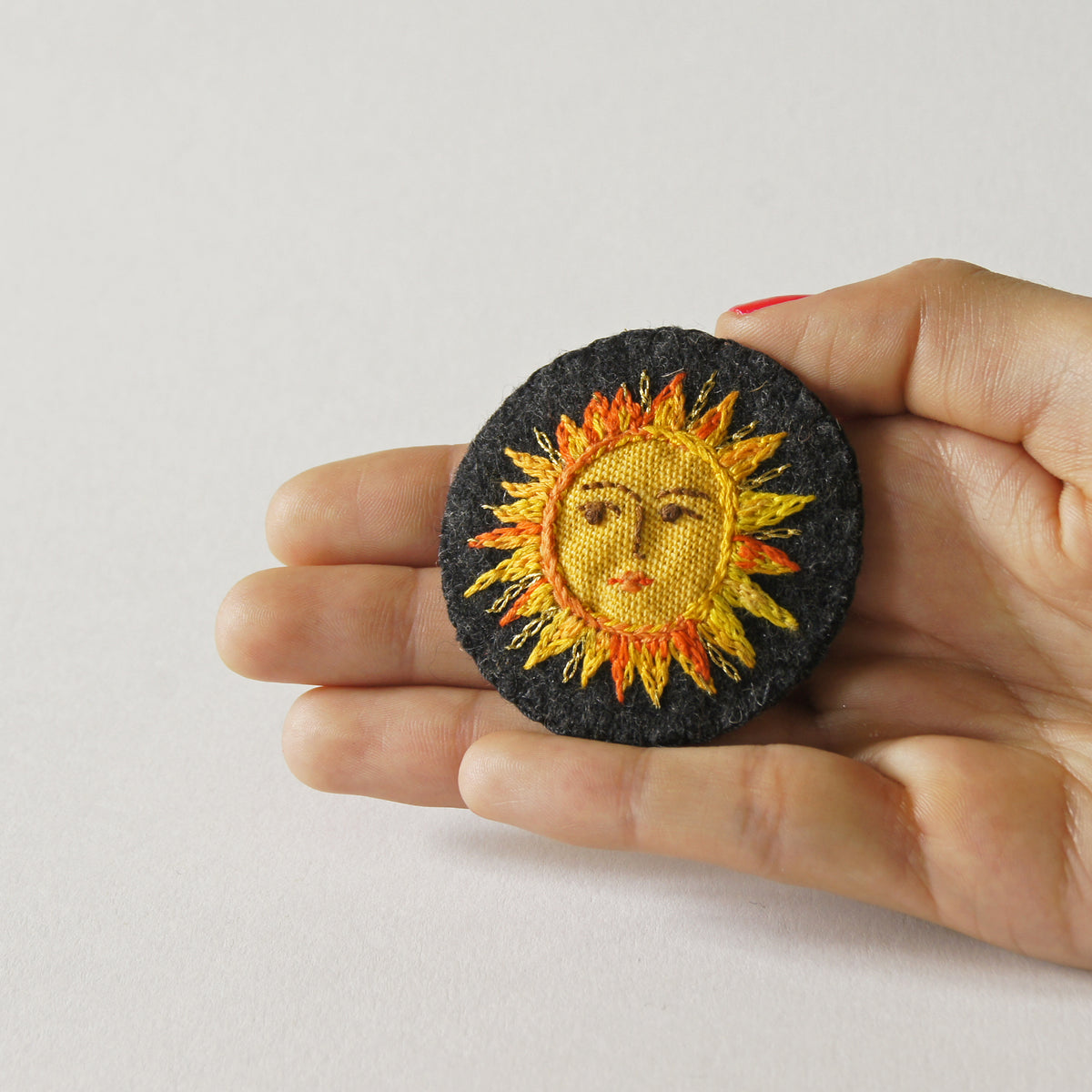Hand Embroidered Textile Sun Brooch Celestial Jewelry