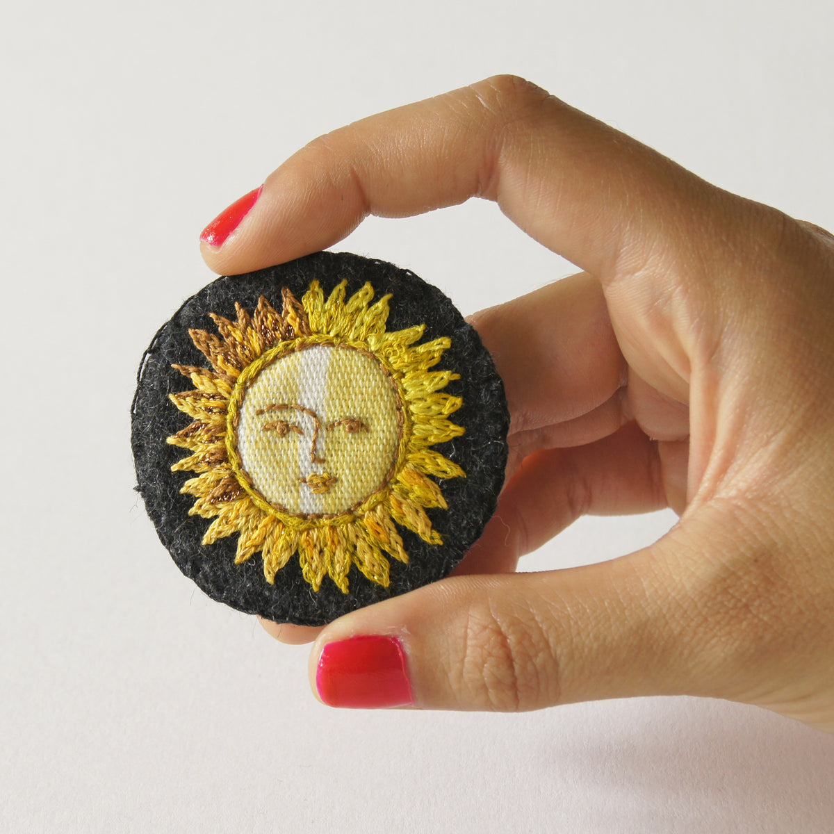Textile Sun Brooch Pin Hand Embroidered Celestial Jewelry