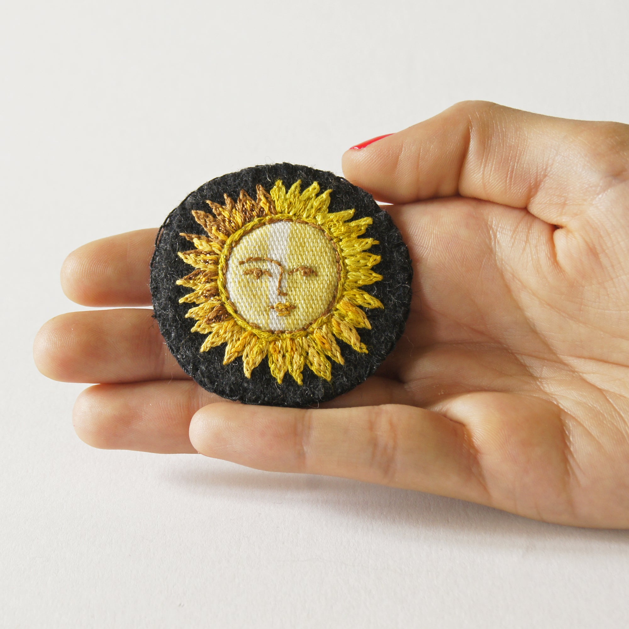Textile Sun Brooch Pin Hand Embroidered Celestial Jewelry
